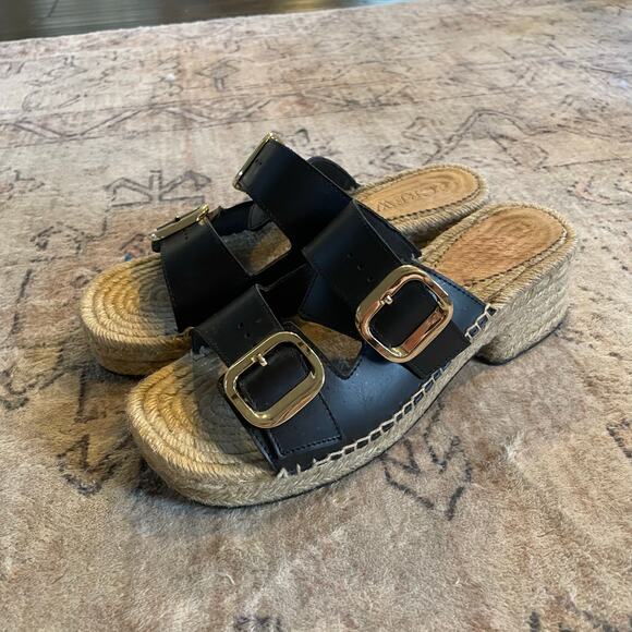 J. Crew Black Leather Double Strap Block Heel Espadrilles SZ 8 Made in Spain - Picture 5 of 15